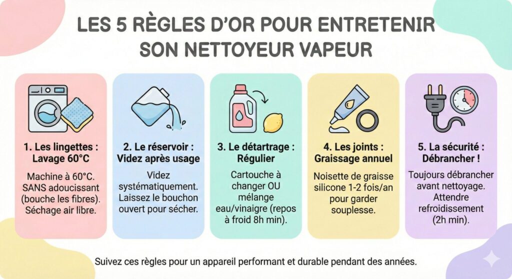 Infographie Les 5 règles d'or pour entretenir son nettoyeur vapeur