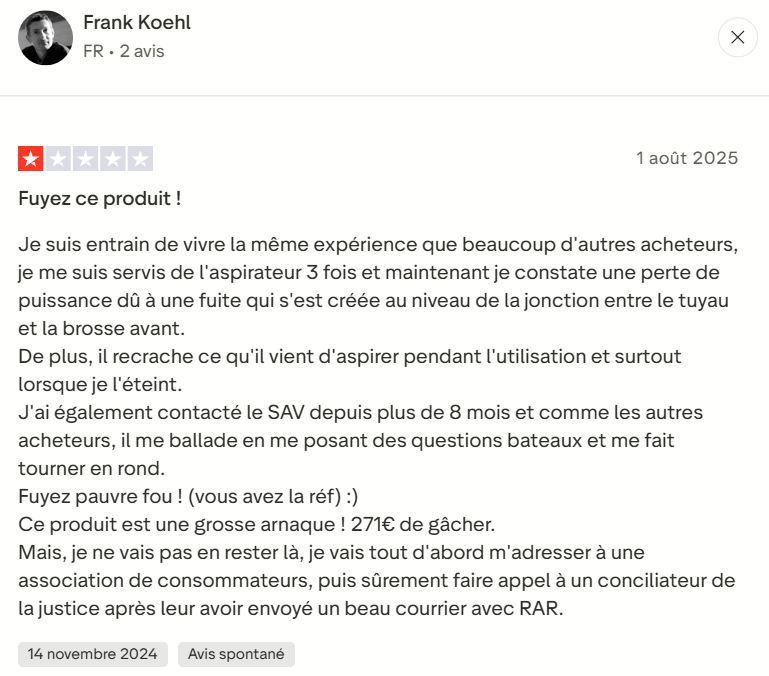 Avis négatif client aspirateur Moonoa Frank