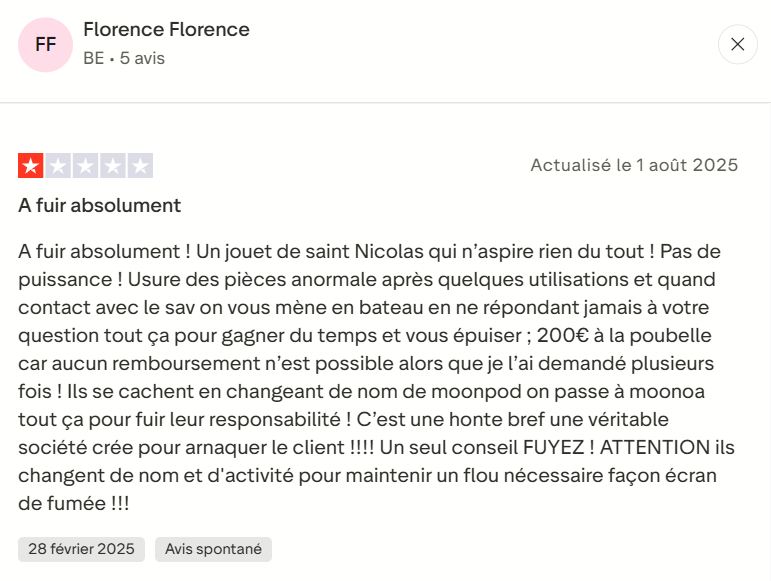 Avis négatif client aspirateurs Moonoa Florence