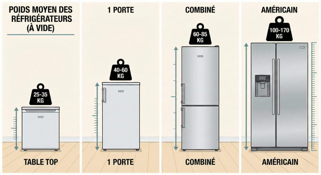 Schéma poids moyen frigo selon modèle