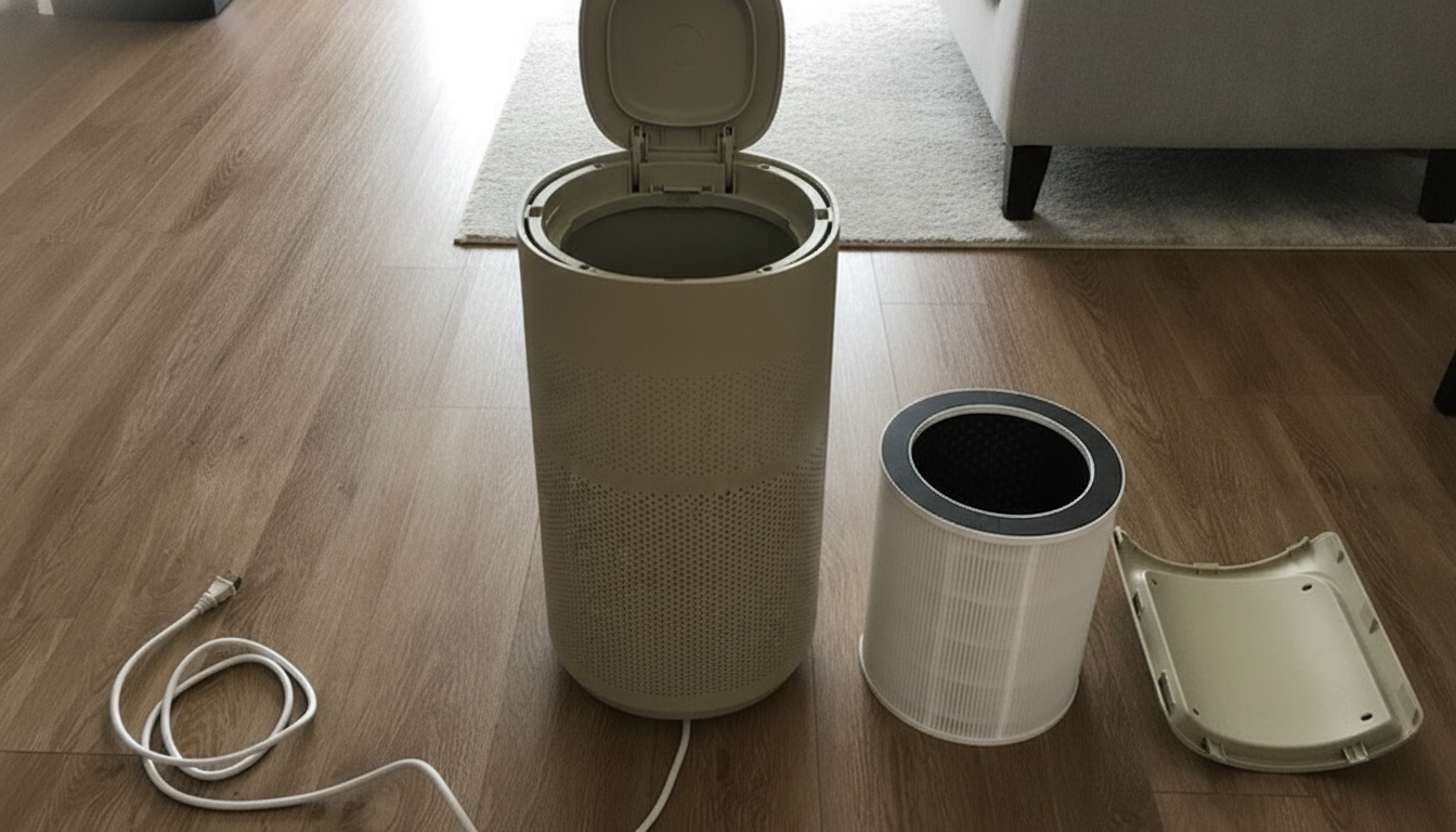 Le compartiment du filtre à l'arrière du purificateur d'air Sans. Le compartiment du filtre à l'arrière du purificateur d'air Sans.