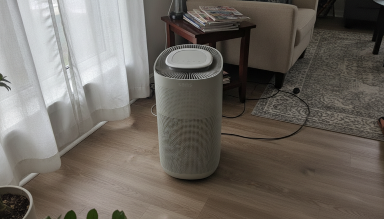 Le purificateur d'air Sans de couleur sable dans un salon.