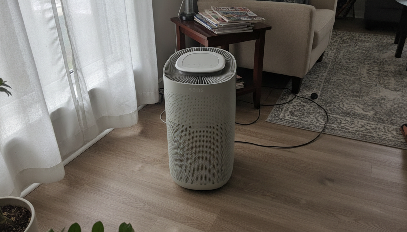 Le purificateur d'air Sans de couleur sable dans un salon. Le purificateur d'air Sans de couleur sable dans un salon.