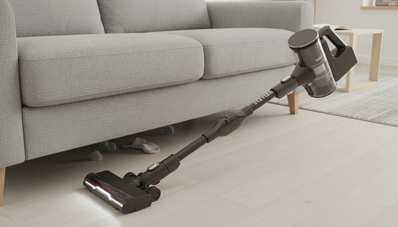 Aspirateur balai Valberg S12 Flex sous un canapé