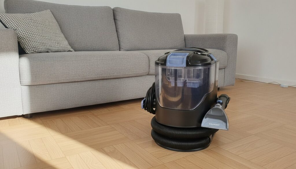 Shampouineuse Silvercrest SPR 800 A1 devant un canapé